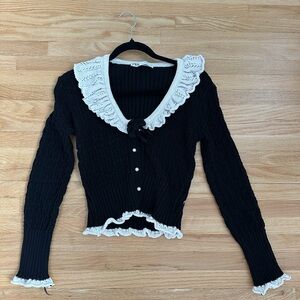 Zara Black Knit Cardigan with Cream Lace Trim and Pearl Buttons